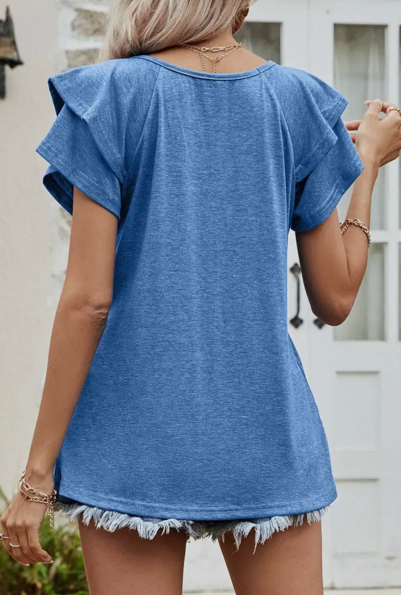 Blue Ruffle Sleeve Top