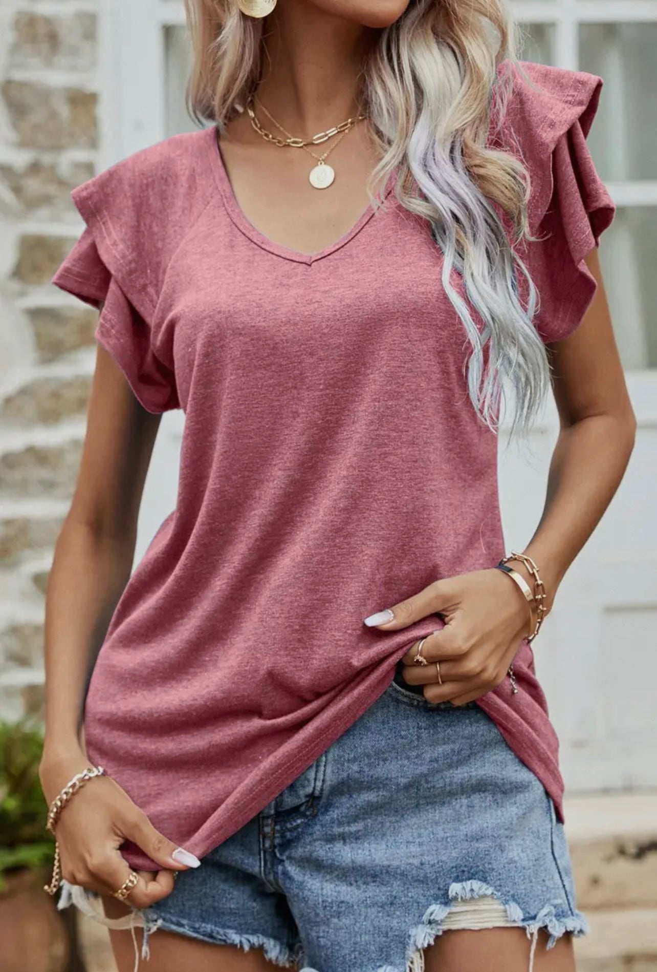 Cranberry Ruffle Sleeve Top