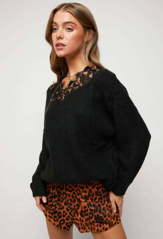Black Lace Neck Knit Sweater