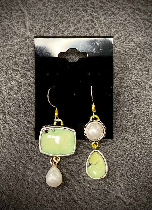 Green Stone & Pearl Earrings