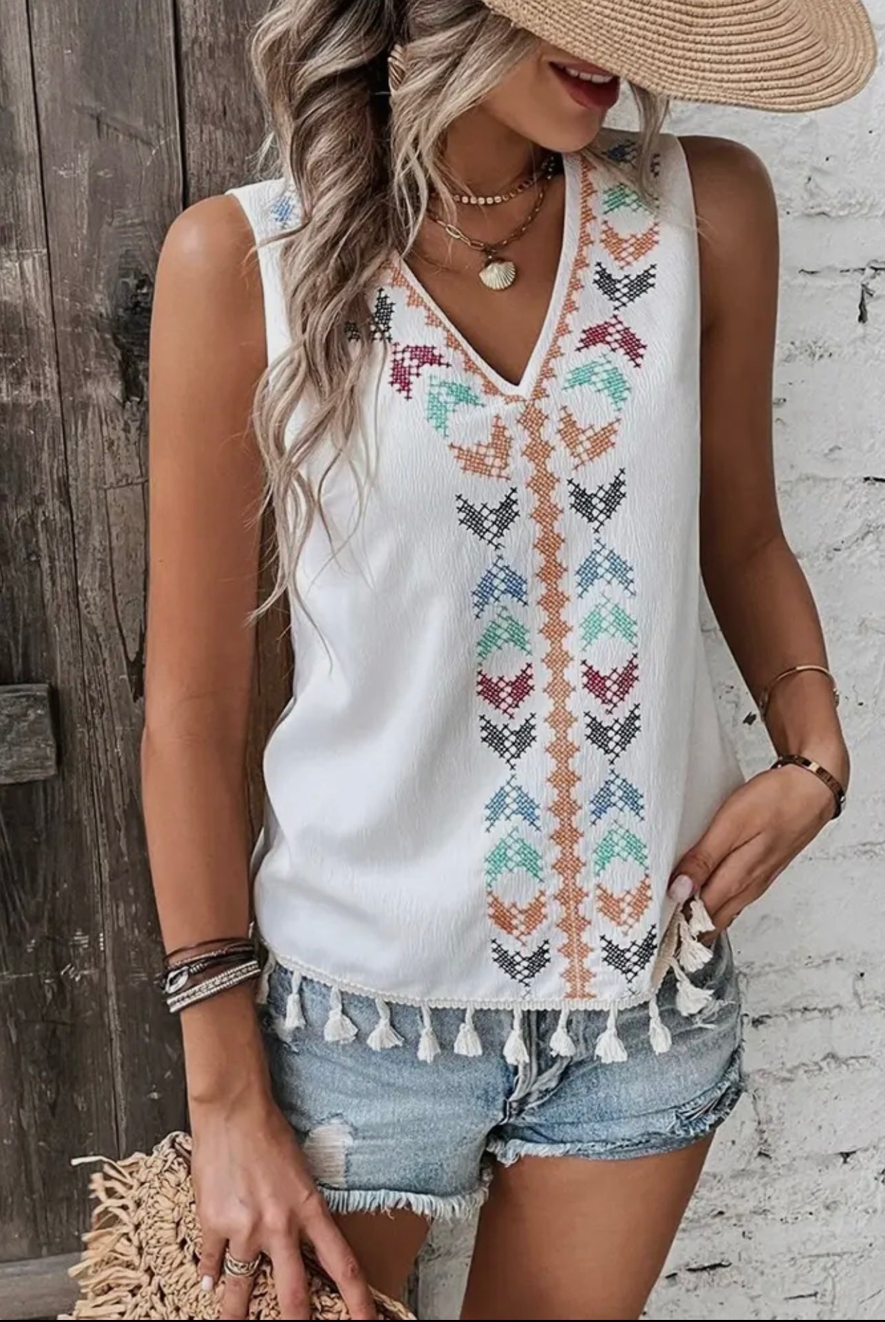 Embroidered Tasseled Hem Tank