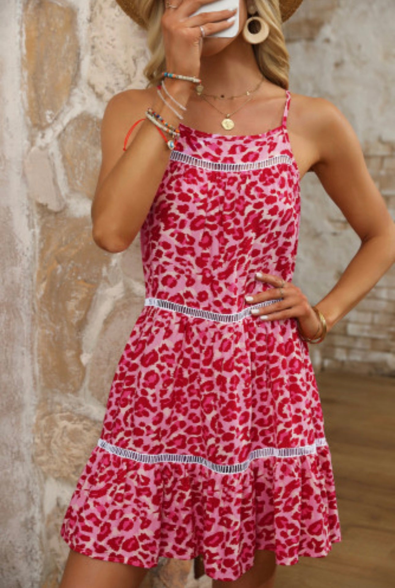 Rose Leopard Print Lace Trim Sundress