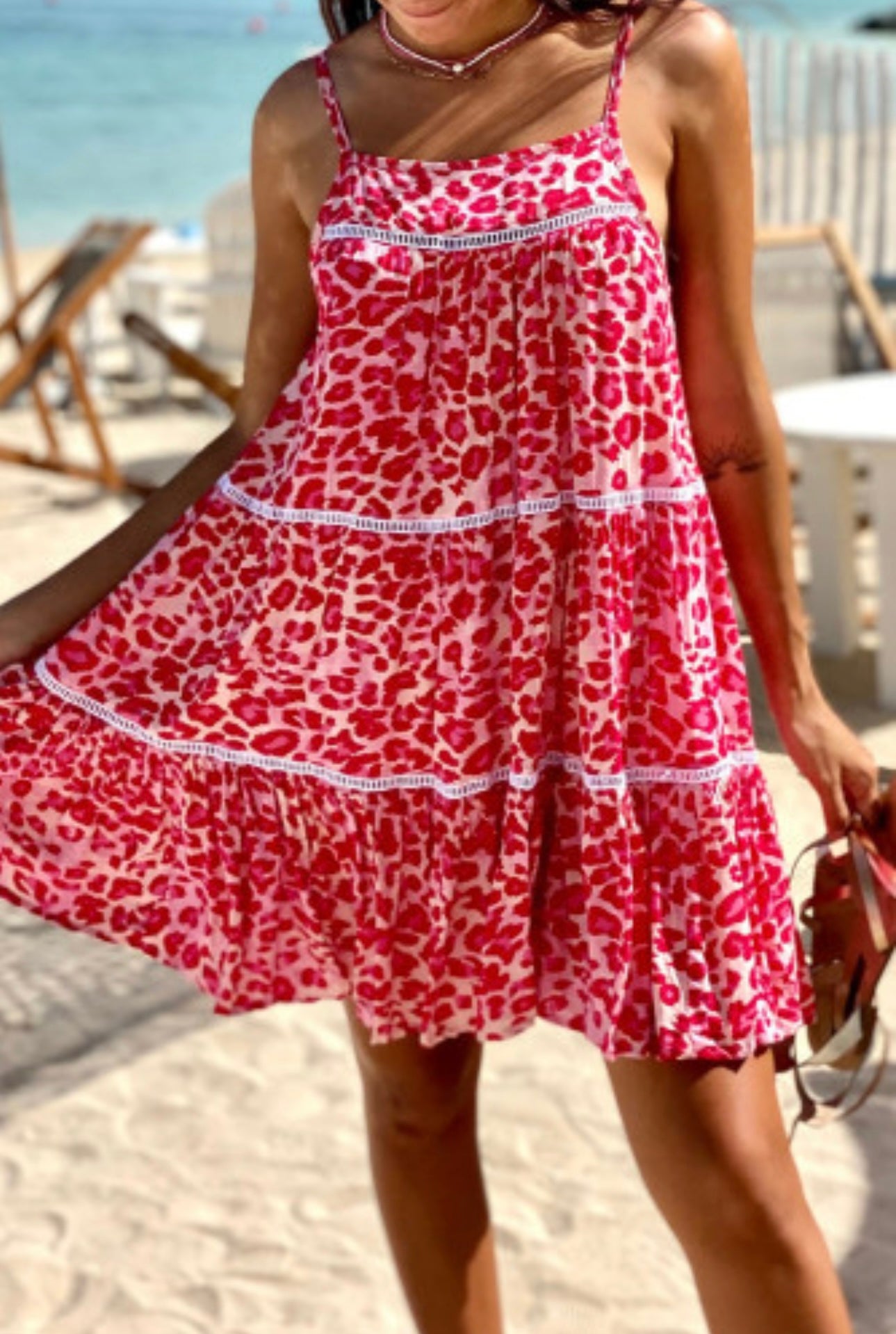 Rose Leopard Print Lace Trim Sundress