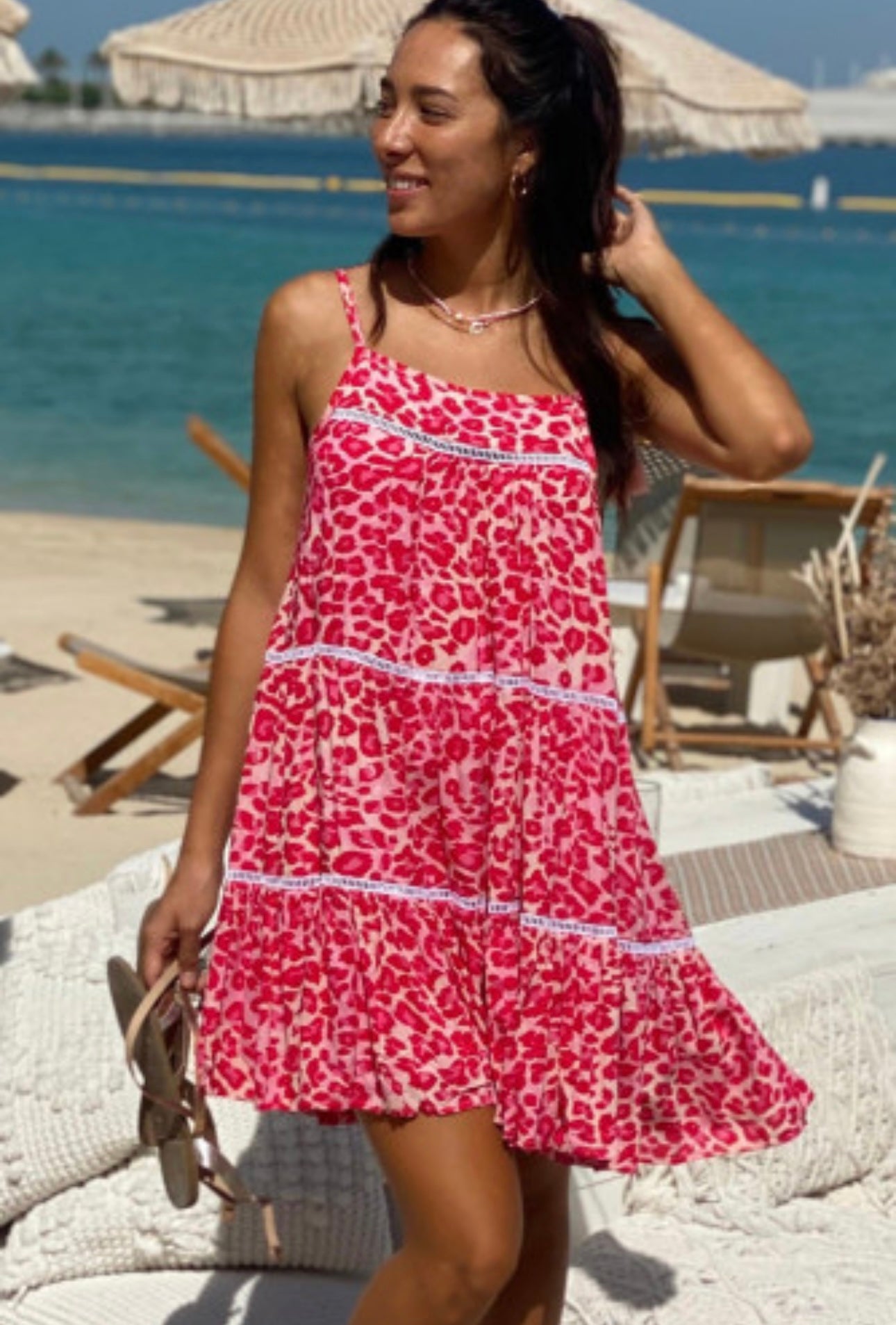 Rose Leopard Print Lace Trim Sundress