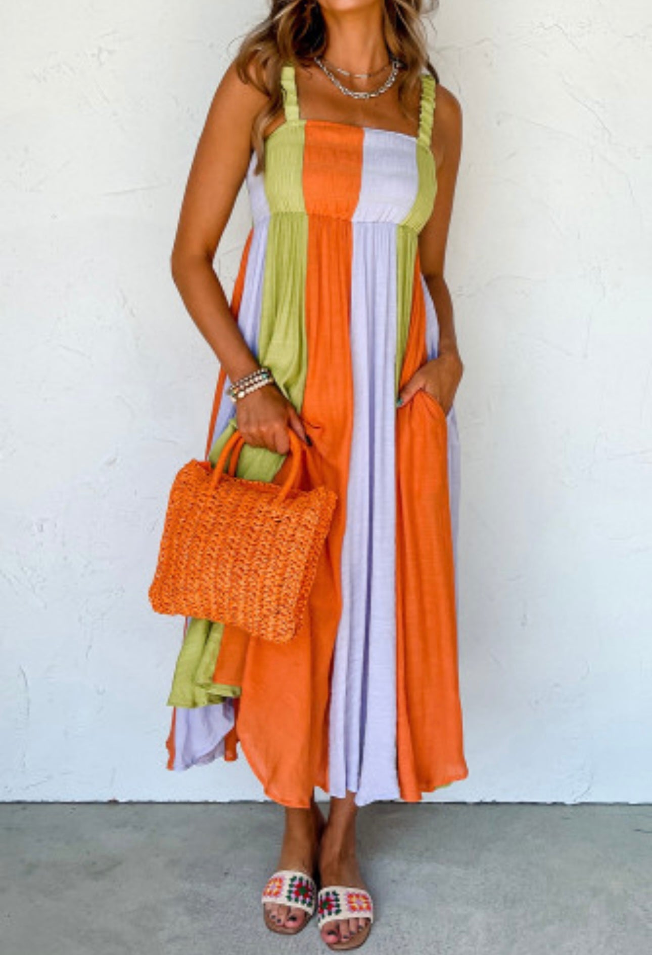 Color Block Fit & Flare Maxi Dress