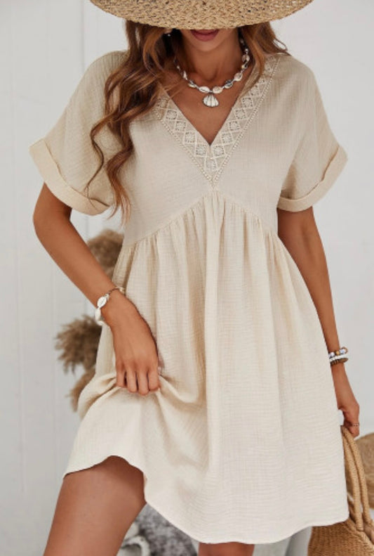 Peach Short Sleeve Lace V-Neck Dress