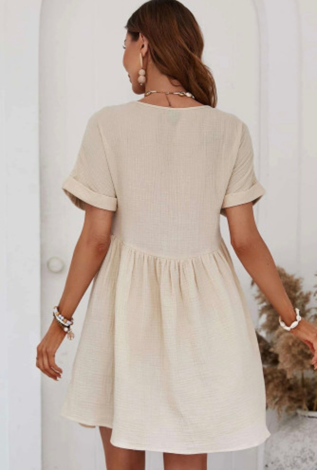 Peach Short Sleeve Lace V-Neck Dress