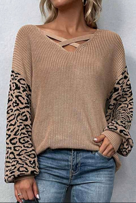 Light Brown Sweater with Printed Sleeves