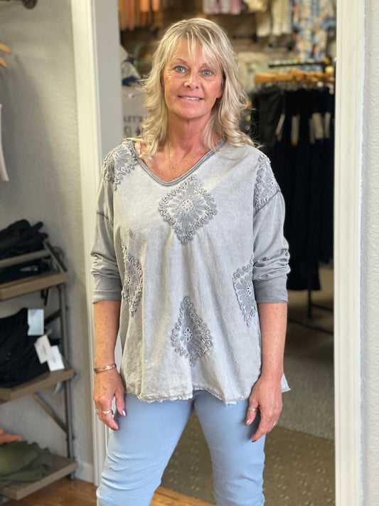 Gray Embroidered Lace Top