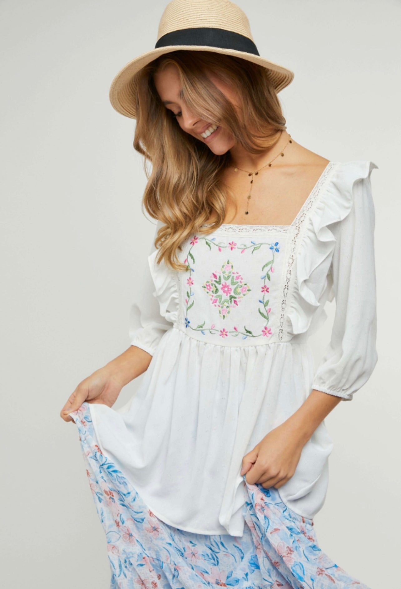 Frill Blouse with Embroidery