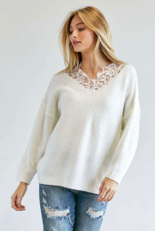 Ivory Knit Sweater with Lace Neckline