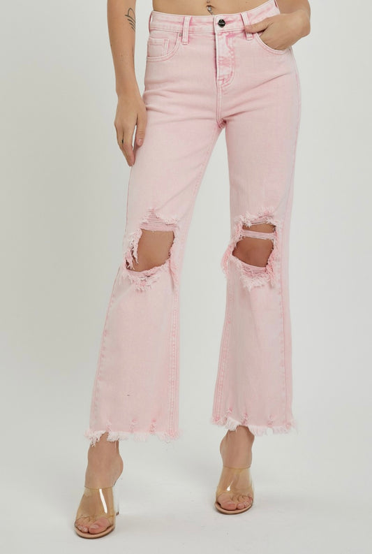 Risen Acid Pink High Rise Straight Leg Jean with Distressed Knees