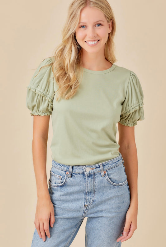 Olive Top with Ruffle Sleeves