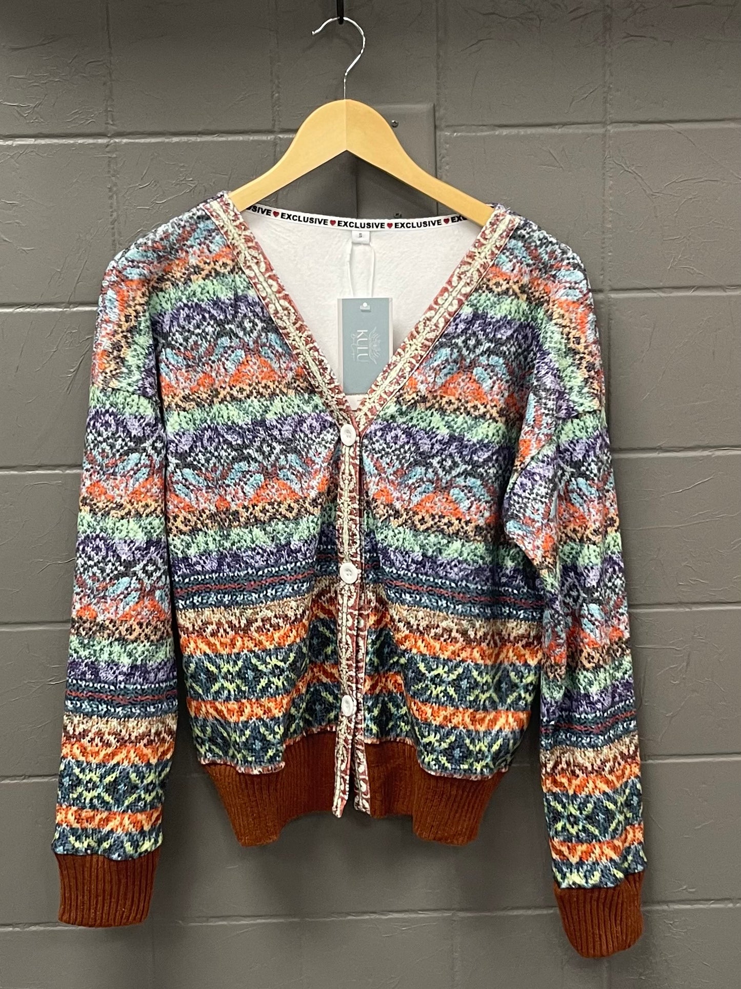 Printed Cardigan with Brown Trim