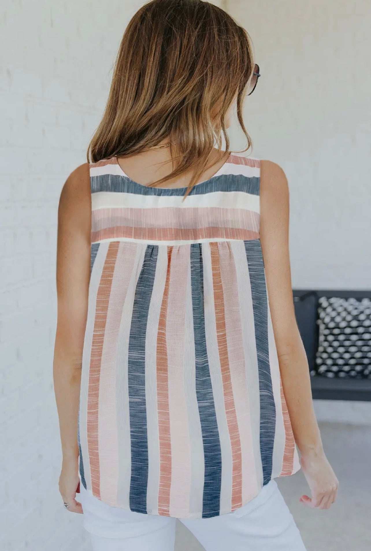 Split V-Neck Striped Tank