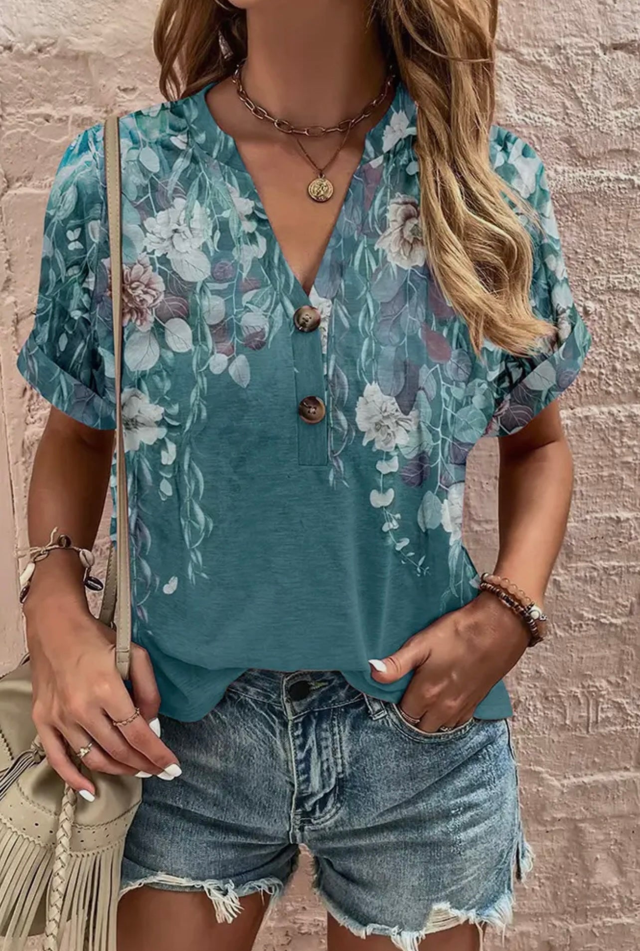 Buttoned V-Neck Printed Top