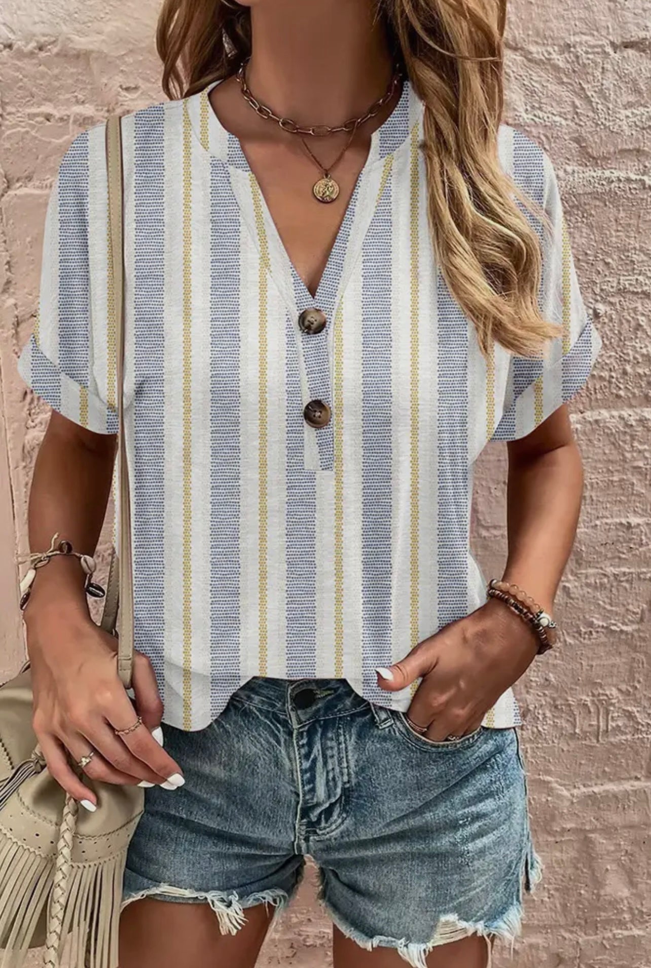 Buttoned V-Neck Printed Top