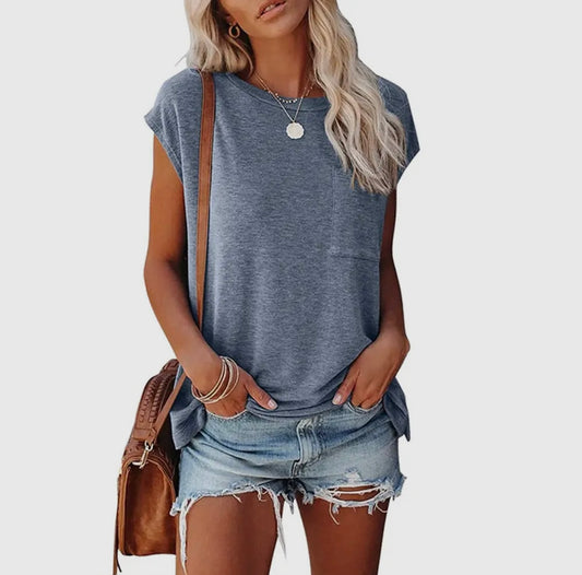 Grey Blue Cap Sleeve Loose Top