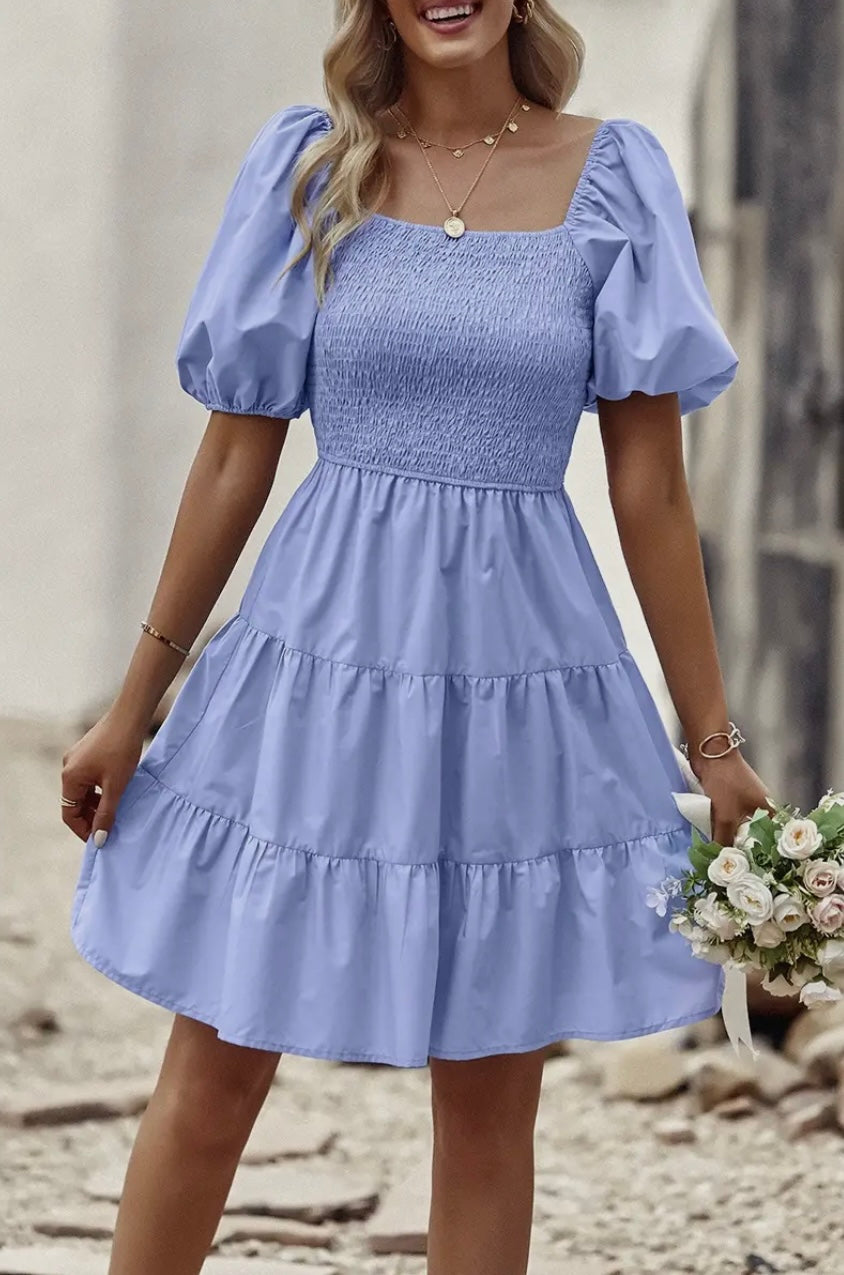 Blue Square Neck Ruched Dress