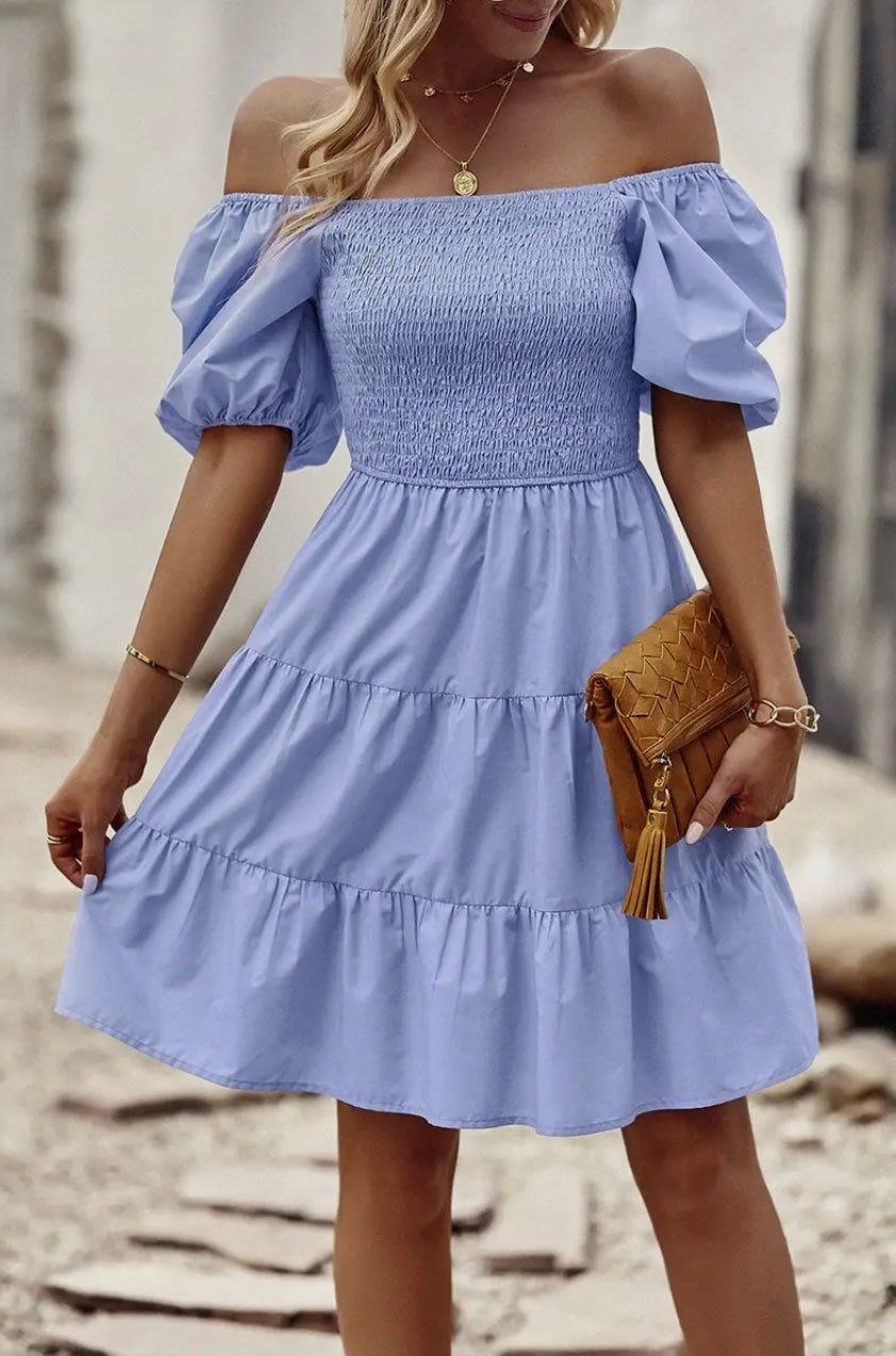 Blue Square Neck Ruched Dress