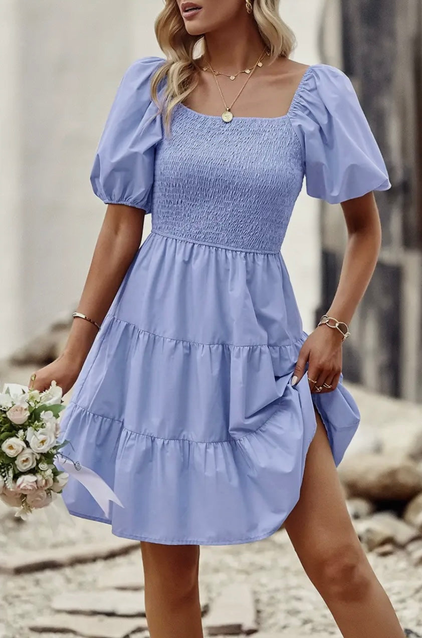 Blue Square Neck Ruched Dress