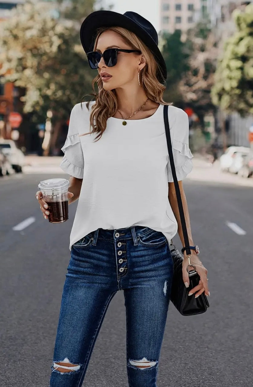 White Ruffle Sleeve Loose-Fit Blouse