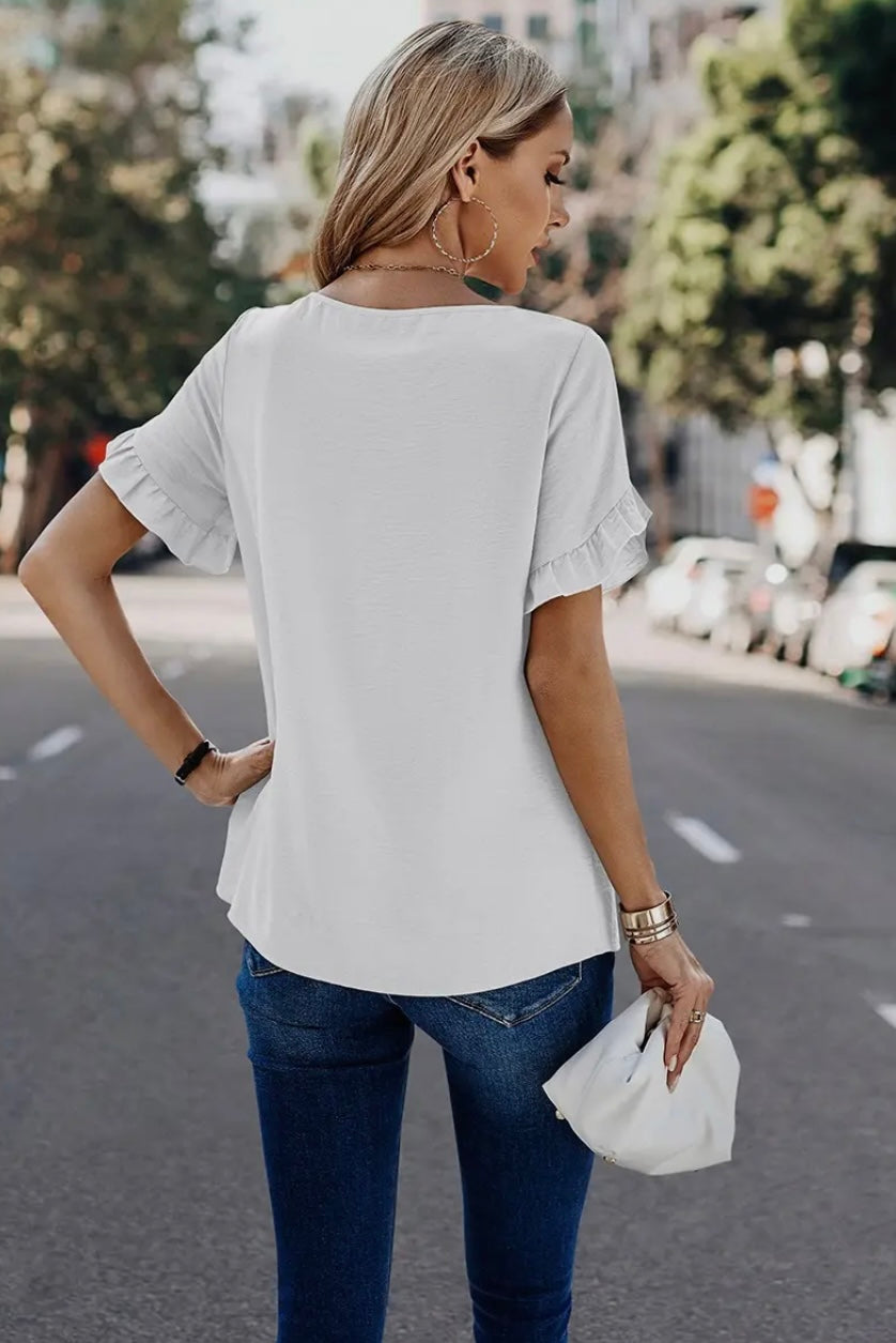 White Ruffle Sleeve Loose-Fit Blouse